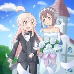  2girls :d ahoge bare_shoulders black_bow black_bowtie black_pants black_suit blue_hair blue_sky blunt_bangs blurry blurry_background bouquet bow bowtie bridal_veil bride brown_eyes brown_hair choker church collarbone commentary_request day dress gekogekobuhihi gloves groom hair_between_eyes highres holding holding_another&#039;s_arm holding_bouquet hozuki_momiji light_blush long_hair long_sleeves looking_at_viewer multiple_girls onii-chan_wa_oshimai! open_mouth outdoors oyama_mahiro pants petals pink_eyes pink_hair ponytail shirt short_hair short_ponytail sky smile strapless strapless_dress suit unworn_gloves veil very_long_hair wedding wedding_dress white_choker white_dress white_gloves white_shirt wife_and_wife yuri 