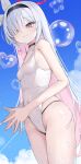  1girl absurdres alternate_costume bare_arms bare_shoulders black_choker black_hairband blue_archive blush choker closed_mouth colored_inner_hair covered_navel grey_eyes hair_over_one_eye hair_ribbon hairband highleg highleg_one-piece_swimsuit highres long_hair multicolored_hair one-piece_swimsuit pink_hair plana_(blue_archive) ribbon shawn358 sidelocks smile solo steepled_fingers swimsuit two-tone_hair white_hair white_one-piece_swimsuit white_ribbon 