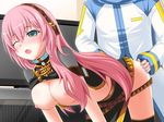  1girl all_fours bad_id bad_pixiv_id blue_eyes blush breasts doggystyle hetero kaito large_breasts long_hair megurine_luka one_eye_closed pink_hair sex skirt thighhighs vocaloid yakitori_(oni) 