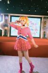  blonde_hair boots bracelet cosplay cosplay_photo digimon digimon_xros_wars digimon_xros_wars:_toki_wo_kakeru_shounen_hunter-tachi hair_ornament hairpin highres jewelry lipstick long_hair looking_at_viewer makeup nochino orange_eyes photo_(medium) pig pink_eyes real_life striped_clothes suzaki_airu twintails 