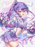  1girl absurdres cheerleader colored_inner_hair demon_girl demon_tail double-parted_bangs gradient_hair green_eyes hair_between_eyes hat highres hip_tattoo holding holding_pom_poms hololive long_hair looking_at_viewer midriff miniskirt multicolored_hair navel pink_hair pleated_skirt pointy_ears pom_pom_(cheerleading) ponytail purple_hair purple_hat purple_shirt purple_skirt runlan_0329 shirt skirt sleeveless sleeveless_shirt solo tail tokoyami_towa very_long_hair virtual_youtuber visor_cap winged_heart_tattoo 