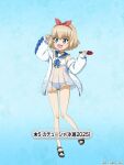  1girl ascot ass_visible_through_thighs bikini black_sandals blonde_hair blue_ascot blue_background blue_bikini blue_eyes blue_sailor_collar blush character_name choker dress dress_swimsuit fang full_body girls_und_panzer girls_und_panzer_senshadou_daisakusen! gradient_background hairband holding_seashell holding_trowel jacket katyusha_(girls_und_panzer) legs long_sleeves looking_at_object navel off_shoulder official_art open_mouth pleated_dress polka_dot polka_dot_bikini sailor_collar sandals scallop see-through_clothes see-through_dress short_hair smile standing standing_on_one_leg swimsuit thighs translated white_dress white_jacket 