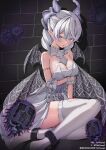  1girl absurdres ankle_cuffs arm_under_breasts armlet bare_shoulders blush breasts cleavage demon_girl demon_horns demon_wings detached_collar dress drill_hair duel_monster earrings eradicator_epidemic_virus grey_corset grey_eyes highres horns jewelry large_breasts long_hair looking_at_viewer lovely_labrynth_of_the_silver_castle open_mouth pointy_ears solo strapless strapless_dress thighhighs tokiyanagi transparent_wings twin_drills white_dress white_hair white_thighhighs wings yu-gi-oh! 