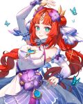  1girl artist_name blue_butterfly blue_eyes blush breasts bug butterfly cleavage clip_studio_paint_(medium) dancing detached_sleeves dress floating_hair flower genshin_impact hair_flower hair_ornament hand_up highres hydro_symbol_(genshin_impact) jewelry long_hair looking_at_viewer low_twintails medium_breasts nilou_(breeze_of_sabaa)_(genshin_impact) nilou_(genshin_impact) official_alternate_costume open_hand parted_bangs purple_flower red_hair ring shylphine smile solo twintails very_long_hair vision_(genshin_impact) watermark white_background white_dress 