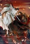  2boys absurdres architecture battle bishounen black_boots black_hair black_hanfu blurry blurry_background boots chinese_clothes closed_mouth colored_smoke dizi duel east_asian_architecture embers energy evening falling_leaves fire floating floating_clothes floating_hair flute flute_tassel full_body hair_down hair_ribbon half_updo hanfu headband highres holding holding_flute holding_instrument holding_sword holding_weapon instrument jian_(weapon) lan_wangji leaf long_hair long_sleeves looking_at_another male_focus mg_ms_dayo modao_zushi multiple_boys official_alternate_hairstyle official_art open_mouth orange_sky outdoors red_eyes red_ribbon red_sash ribbon robe sash sky sleeves_past_wrists smile smoke sword sword_tassel tassel third-party_source topknot transverse_flute very_long_hair weapon wei_wuxian wei_wuxian_(yiling_laozu) white_boots white_hanfu white_headband wide_sleeves xiao_guan_(headdress) yellow_eyes 