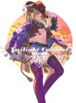  1girl against_railing asymmetrical_legwear belt blonde_hair bra breasts cape cleavage cowboy_hat cowboy_western denim denim_shorts feet_out_of_frame genjitsu_no_yohane hand_on_headwear hand_on_own_hip hat highres horns looking_at_viewer looking_to_the_side love_live! love_live!_school_idol_festival_all_stars love_live!_sunshine!! mari_(genjitsu_no_yohane) midriff mismatched_legwear navel official_alternate_costume ohara_mari ohara_mari_(twilight_cowgirl) orange_clouds orange_sky pellapie print_cape purple_thighhighs railing self_cosplay shorts sky solo stomach_tattoo tassel tattoo thigh_strap thighhighs transparent_background underwear waste-man whip yellow_eyes 