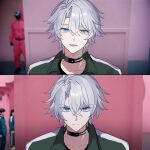  1boy antenna_hair before_and_after black_choker blue_eyes choker frown green_track_suit hashtag-only_commentary highres honkai:_star_rail honkai_(series) lilaclilac00 male_focus meme multiple_views neck_tattoo parted_bangs phainon_(honkai:_star_rail) pink_track_suit smile squid_game sun_symbol sun_tattoo tattoo track_suit v-shaped_eyebrows white_hair year_1_&amp;_year_2_(squid_game)_(meme) 