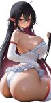  1girl artist_name ass ass_focus bare_shoulders black_hair blush breasts bridal_gauntlets chokopaii closed_mouth commentary commission crossed_bangs dark-skinned_female dark_elf dark_skin earrings elf frilled_leotard frills hair_between_eyes highres huge_ass jewelry large_breasts leotard long_hair looking_at_viewer original pointy_ears red_eyes simple_background sitting skindentation smile solo thighs very_long_hair white_background white_bridal_gauntlets white_leotard 