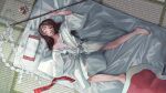  1girl absurdres alternate_costume barefoot blanket breasts brown_hair closed_eyes commentary_request dedemaru frilled_hair_tubes frills from_above full_body futon gohei hair_ornament hair_tubes hair_tubes_removed hakurei_reimu highres holding holding_gohei japanese_clothes kimono long_hair long_sleeves lying messy_hair messy_sleeper nipple_slip nipples on_back open_mouth pillow single_bare_shoulder sleeping sleepwear small_breasts solo sweat tatami toes touhou untied_ribbon unworn_hair_ornament white_kimono wide_sleeves 