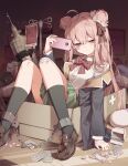  1girl ahoge bandage_on_knee bandaged_hand bandages black_socks blush bow box brown_hair chain chained chained_legs collared_shirt diagonal-striped_bow double-parted_bangs double_bun green_skirt hair_bun happy_sugar_life highres holding holding_phone in_box in_container intravenous_drip large_syringe loafers looking_at_viewer maidcode1023 matsuzaka_satou narrowed_eyes off_shoulder oversized_object phone pill shirt shoes single_off_shoulder sitting skirt socks solo striped_clothes striped_shirt syringe vertical-striped_clothes vertical-striped_shirt white_shirt 