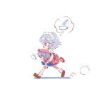  2girls ? apron bat_wings blood blood_in_hair blood_on_clothes blood_on_hands blue_eyes blue_hair braid brown_shoes carrying carrying_person carrying_under_arm chibi chibi_only commentary_request dress grey_hair hat hat_ribbon highres izayoi_sakuya long_hair maid maid_headdress mob_cap multiple_girls pink_dress pink_hat pointy_ears puffy_short_sleeves puffy_sleeves red_ribbon red_shoes remilia_scarlet ribbon shoes short_sleeves socks spoken_question_mark suteruko touhou waist_apron white_socks wings 