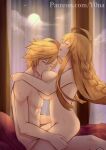 1boy 1girl ahoge blonde_hair breast_sucking breasts closed_eyes dragalia_lost euden incest large_breasts long_hair moon on_bed open_mouth patreon_username sex short_hair straddling sweat upright_straddle yona_(illusty0na) zethia 