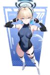  absurdres black_gloves blonde_hair blue_archive blue_eyes blue_hair blue_leotard blue_ribbon breasts bun_cover chest_harness covered_navel earpiece fingerless_gloves full_body gloves hair_bun hair_ribbon harness headset highleg highleg_leotard highres kurosaki_saya leotard looking_at_viewer maid_headdress multicolored_hair multicolored_leotard ribbon short_hair single_hair_bun sleeveless_turtleneck_leotard small_breasts streaked_hair toki_(blue_archive) turtleneck turtleneck_leotard two-tone_leotard 