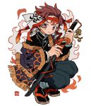  1boy artist_logo black_jacket black_pants black_socks blush_stickers brown_sandals closed_mouth earrings full_body hanafuda_earrings headband holding holding_sword holding_weapon jacket jewelry kamado_tanjirou katana kimetsu_no_yaiba logo long_sleeves looking_at_viewer male_focus pants red_eyes red_hair red_headband sandals scar scar_on_face scar_on_forehead short_hair simple_background smile socks solo squatting sword weapon white_background zettai_22 