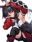  1girl :3 animal_ear_fluff animal_ears arm_strap armored_boots armpit_focus armpits barcode barcode_tattoo black_shorts black_sleeves black_thighhighs boots bridal_gauntlets cable cable_tail cat_ears cat_girl closed_mouth detached_sleeves eorx facial_mark forehead_tattoo hair_between_eyes hairband highres looking_at_viewer mechanical_tail nekomiya_mana red_boots red_eyes red_hairband red_sleeves short_shorts shorts simple_background slit_pupils solo tail tattoo thighhighs triangle triangle_facial_mark white_background zenless_zone_zero 