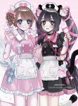  2girls animal_ears apron bandaid bandaid_on_arm black_choker black_dress black_hair blue_eyes blush bow braid braided_bun brown_hair cat_ears center-flap_bangs choker closed_mouth commentary double-parted_bangs dress frilled_choker frills hair_between_eyes hair_bow hair_bun hair_ribbon hat highres holding holding_hands holding_stethoscope holding_syringe long_hair looking_at_viewer min_(mts2314) multiple_girls nail_polish nurse nurse_cap original parted_lips pink_background pink_bow pink_choker pink_dress pink_nails pink_ribbon puffy_short_sleeves puffy_sleeves ribbon short_sleeves smile standing standing_on_one_leg stethoscope stethoscope_around_neck swept_bangs syringe twintails very_long_hair white_apron 
