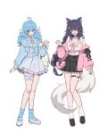  2girls ahoge ahri_(league_of_legends) alternate_costume animal_ears bare_shoulders black_hair black_shoes black_skirt bow breasts casual cleavage drill_hair fox_ears fox_girl fox_tail green_hair gwen_(league_of_legends) hair_bow highres jacket large_breasts league_of_legends miniskirt multiple_girls open_clothes open_jacket pelicana pink_jacket shirt shirt_tucked_in shoes skirt socks standing tail twin_drills twintails white_shirt white_skirt 