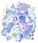  &gt;_o 1girl absurdres ahoge blush cable cellphone commentary_request commission cotono_(nazekun) electric_plug frog frog_hair_ornament green_eyes hair_ornament hairband highres ice_cream_cone jacket leg_warmers letter looking_at_viewer love_letter one_eye_closed original phone purple_hair purple_shirt purple_skirt shirt shoes simple_background skeb_commission skirt sneakers solo tamagotchi_(virtual_pet) teruterubouzu thigh_strap thighs tight_clothes toothpaste two_side_up umbrella unzipped virtual_pet_(toy) watermark white_background white_jacket white_leg_warmers white_shoes 