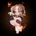  1girl argyle_clothes argyle_coat argyle_hairband bare_shoulders black_background black_choker black_hairband blue_eyes boots bright_pupils brown_hair bug butterfly character_request chibi choker closed_mouth coat coat_on_shoulders commentary commission dress earmuffs english_commentary eyelashes eyes_visible_through_hair frilled_sleeves frills frown fur-trimmed_boots fur-trimmed_coat fur-trimmed_dress fur_trim gem genshin_impact grey_coat grey_hair hair_ribbon hairband highres lace-trimmed_choker lace_trim light_blush long_sleeves looking_at_animal medium_dress multicolored_boots multicolored_hair off-shoulder_dress off_shoulder orange_butterfly orange_gemstone parted_bangs petticoat pink_boots pink_dress raised_inner_eyebrows ribbon sad signature simple_background socks solo sparkle standing streaked_hair thick_eyebrows two-tone_boots two-tone_hair vision_(genshin_impact) white_boots white_pupils white_socks wikate 