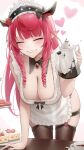  1girl absurdres apron black_horns blush breasts brown_thighhighs cake cake_slice cleavage closed_eyes commentary cup curly_hair english_commentary facing_viewer food grin heart highres holding holding_kettle hololive hololive_english horns irys_(hololive) kettle large_breasts long_hair maid_headdress pink_hair pointy_ears simple_background smile solo somebody_(leiking00) teacup thighhighs thighs virtual_youtuber white_apron white_background 
