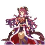  1girl armor black_gloves black_leggings blush breastplate breasts dragalia_lost dragon_girl dragon_horns dress fang gloves horns large_breasts leggings long_hair mym_(dragalia_lost) official_art orange_eyes red_hair saitou_naoki solo third-party_source transparent_background very_long_hair wrist_cuffs 