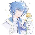 1boy bishounen blue_eyes blue_hair blue_necktie buckto check_flower closed_mouth collared_shirt commentary_request flower flower_request gloves holding holding_flower jacket kaito_(vocaloid) korean_commentary looking_at_viewer male_focus marigold necktie official_alternate_costume parted_bangs project_sekai shirt smile solo sparkle upper_body vocaloid white_gloves white_jacket white_shirt wing_collar yellow_flower 