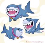  1boy artist_name bluesky_username closed_eyes closed_mouth collar english_commentary facing_viewer fangs fins fish_tail highres jeff_the_land_shark looking_to_the_side male_focus marvel marvel_rivals multiple_views name_tag open_mouth r.mikky shark shark_fin shark_tail smile tail tail_wagging twitter_username walking 