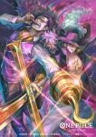  2boys ascot beard bisaiiiii black_hair black_hat coat commentary_request copyright_name crocodile_(one_piece) cross_pendant dracule_mihawk facial_hair goatee hair_slicked_back hat hat_feather holding holding_sword holding_weapon hook_hand jewelry looking_at_viewer male_focus multiple_boys official_art one_piece one_piece_card_game orange_ascot purple_vest ring shirt smile sparkle sword vest weapon white_shirt 