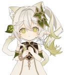  1girl :| absurdres animal_ear_fluff animal_ears blush bracelet cat_ears cat_tail closed_mouth commentary detached_sleeves dress genshin_impact gold_trim gradient_hair green_eyes green_hair green_sleeves hair_between_eyes hair_ornament highres jewelry kemonomimi_mode kumane_(osakanadonn) leaf_hair_ornament long_hair multicolored_hair nahida_(genshin_impact) pointy_ears side_ponytail simple_background sleeveless sleeveless_dress solo star-shaped_pupils star_(symbol) symbol-shaped_pupils tail upper_body white_background white_dress white_hair 