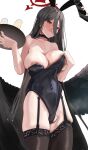  1girl absurdres alternate_costume animal_ear_hairband animal_ears black_choker black_garter_straps black_hair black_leotard black_thighhighs black_wings blue_archive blush breasts choker commentary_request covering_breasts covering_privates embarrassed fake_animal_ears feathered_wings garter_straps hairband halo hasumi_(blue_archive) highleg highleg_leotard highres holding holding_tray huge_breasts leotard long_hair nipple_slip nipples nose_blush playboy_bunny po-i-mu rabbit_ear_hairband rabbit_ears rabbit_tail simple_background solo straight_hair strapless strapless_leotard sweat sweatdrop tail thighhighs tray undersized_breast_cup very_long_hair white_background wings 