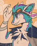 4_ears 5_fingers absurd_res anthro avali avian belly blue_hair blue_inner_ear blue_inner_ear_fluff chest_tuft cledanio clothed clothed_anthro clothed_female clothing cloud eyewear eyewear_on_head feather_hair feathers female female_(lore) female_anthro film_grain fingers goggles goggles_on_head hair happy hi_res holding_up_hands inner_ear_fluff japanese_cloud_background looking_at_own_hand mechanical_arm multi_ear orange_background orange_eyewear orange_goggles pattern_background prosthetic prosthetic_arm prosthetic_limb pseudo_hair purple_eyes purple_hair purple_inner_ear_fluff simple_background smile solo striped_background tether_(skye) tuft white_arms white_belly white_chest white_ears white_face white_hands white_neck white_tuft wing_clothing winged_arms wings