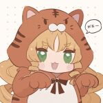  1girl :3 :d animal_costume animal_ears animal_print arknights black_bow blonde_hair blush_stickers bow brown_background chibi commentary_request fake_animal_ears fang green_eyes highres long_hair ringlets short_eyebrows simple_background smile solo someyaya swire_(arknights) thick_eyebrows tiger_costume tiger_ears tiger_print translation_request upper_body very_long_hair 