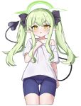  1girl absurdres arm_at_side blue_archive blue_shorts blush chestnut_mouth clothes_grab cropped_legs demon_tail green_hair green_halo hair_between_eyes halo hand_up highres hikari_(blue_archive) legs_together long_hair long_sidelocks looking_at_viewer off_shoulder open_mouth pants pointy_ears saku_art3 shirt short_eyebrows short_sleeves shorts sidelocks simple_background single_bare_shoulder solo straight-on sweat swept_bangs tail tail_raised thigh_gap tight_clothes tight_pants twintails v-shaped_eyebrows white_background white_shirt yellow_eyes 
