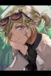  1boy a3! ayayayan black_shirt blonde_hair blue_eyes brown_jacket citron_(a3!) colored_eyelashes dark-skinned_male dark_skin eyewear_on_head from_side head_on_hand jacket leaning_forward letterboxed long_sleeves looking_at_viewer male_focus medium_hair official_alternate_costume one_eye_closed parted_bangs ponytail portrait shirt smile solo sunglasses v-shaped_eyebrows wavy_hair 
