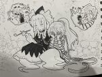  3girls bow bowtie capelet chain commentary_request covering_face cuffs detached_sleeves ghost_tail greyscale hair_bow hair_ornament hakurei_reimu handcuffs hat highres holding holding_smoking_pipe kiseru long_sleeves mima_(touhou) miyadeguchi_mizuchi monochrome multiple_girls open_mouth outdoors photo_(medium) ponytail prison_clothes punching ribbon-trimmed_sleeves ribbon_trim shackles shirt sitting skirt skull_hair_ornament slapping smoking_pipe striped_clothes striped_shirt striped_skirt sun_print suteruko touhou touhou_(pc-98) traditional_media translation_request wizard_hat 