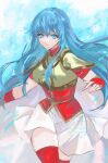  1girl armor aura blue_aura blue_eyes blue_hair breastplate breasts cape closed_mouth eirika_(emblem)_(fire_emblem) eirika_(fire_emblem) fingerless_gloves fire_emblem fire_emblem:_the_sacred_stones fire_emblem_engage gloves helen_(helen2210hk) highres holding jewelry long_hair looking_at_viewer pauldrons rapier red_gloves red_thighhighs shoulder_armor skindentation skirt smile solo sword thighhighs thighs weapon 