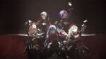  5girls absurdres amoris_(bang_dream!) arm_up ascot ave_mujica_(bang_dream!) bang_dream! bang_dream!_it&#039;s_mygo!!!!! beret black_ascot black_corset black_hair blonde_hair blue_brooch blue_hair brooch closed_mouth commentary_request corset dahan_jax doloris_(bang_dream!) dress facing_viewer green_brooch green_hair hat highres jewelry looking_at_viewer misumi_uika mortis_(bang_dream!) mortis_(costume)_(bang_dream!) multiple_girls necklace oblivionis_(bang_dream!) pearl_necklace pink_eyes purple_eyes purple_hair red_brooch red_hat skirt_hold timoris_(bang_dream!) togawa_sakiko wakaba_mutsumi white_ascot yahata_umiri yellow_eyes yuutenji_nyamu 