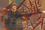  1girl :d absurdres alternate_costume bipod black_gloves blonde_hair brown_coat coat commentary fingerless_gloves firing gloves green_eyes gun half_updo highres holding holding_gun holding_weapon kto_znaet machine_gun mizuhashi_parsee muzzle_flash open_mouth pkm pointy_ears scarf shaded_face short_hair smile solo teeth touhou translation_request upper_body weapon white_scarf 