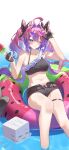  +_+ 1girl ahoge belt bikini black_bikini black_gloves black_shorts blue_eyes blush breasts brown_belt brown_ribbon closed_mouth collarbone commentary food food_print fruit_print gloves grey-framed_eyewear hair_intakes hair_ribbon highres holding holding_food holding_popsicle hololive hololive_dev_is innertube kikirara_vivi large_breasts long_hair looking_at_viewer minecraft multicolor-tinted_eyewear multicolored_hair navel one_eye_closed partially_fingerless_gloves pendora1022 pink-tinted_eyewear pink_hair popsicle purple-tinted_eyewear ribbon shorts single_bare_shoulder smile solo sparkle_print stomach sunglasses swim_ring swimsuit thighs tinted_eyewear two-tone_hair virtual_youtuber watermelon_bar watermelon_print white_background 