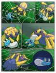 2016 after_vore arthropod_webbing blue_body bound comic duo dweet-tea feral forest froakie galvantula generation_5_pokemon generation_6_pokemon hi_res nintendo outside plant pokemon pokemon_(species) tree vore web_bondage yellow_body