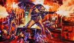 ak-47 ak_platform anthro assault_rifle bow_tie canid canine clenched_teeth clothed clothing destruction domestic_pig explosives fire fur graham_humphreys grenade group gun gunfire hi_res hybrid hyena island_of_dr_moreau laboratory laser machine_gun male mammal ranged_weapon rifle suid suine sus_(pig) teeth topless trio weapon