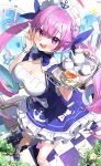  1girl :d ahoge anchor_print anchor_symbol ankle_cuffs aqua_hair blue_bow blue_bowtie blue_dress blue_ribbon blue_shoes blunt_bangs bow bowtie braid breasts checkered_floor cleavage cleavage_cutout clothing_cutout colored_inner_hair commentary_request cup dress dress_bow drill_hair falling_petals fanged_bangs footwear_bow framed_breasts frilled_dress frills hair_ribbon hands_up highres holding holding_tray hololive kito_koruta large_breasts long_hair looking_at_viewer maid_headdress mary_janes minato_aqua minato_aqua_(1st_costume) multicolored_hair open_mouth petals pink_hair puffy_short_sleeves puffy_sleeves ribbon shoes short_dress short_sleeves smile solo standing streaked_hair tea teacup teapot tray twin_drills twintails two-tone_hair v virtual_youtuber watermark white_bow wrist_cuffs 
