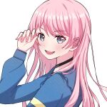  1girl bang_dream! bang_dream!_it&#039;s_mygo!!!!! blush chihaya_anon commentary fang grey_eyes hashtag-only_commentary highres jacket long_hair long_sleeves open_mouth pink_hair qhseim smile white_background 