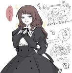  5girls :d arms_behind_back arrow_(symbol) assault_lily black_skirt blank_eyes blue_eyes breasts brown_hair buttons commentary_request cropped_jacket crowd faceless faceless_female frilled_skirt frills heart high-waist_skirt highres hitotsuyanagi_riri juliet_sleeves kaede_johan_nouvel long_hair long_sleeves looking_at_another looking_at_viewer medium_breasts multiple_girls multiple_views no_eyes one_side_up open_mouth parted_lips partially_colored puffy_sleeves school_uniform shirt short_hair sidelocks simple_background skirt smile sparkle speech_bubble spoken_heart standing translation_request wavy_hair white_background white_shirt yamada_(ymdgrak) yurigaoka_girls_academy_school_uniform 