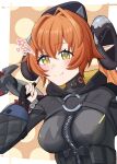  1girl absurdres black_jacket blush closed_mouth curled_horns cyborg fingerless_gloves gloves green_eyes hair_intakes hand_up hat highres horns index_finger_raised jacket long_hair long_sleeves looking_at_viewer mechanical_tail orange_hair orange_pupils orpheus_(zenless_zone_zero) pointy_ears smile solo tail tbbrian_1 upper_body zenless_zone_zero zipper 