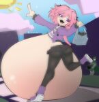  absurdres artist_name ass astolfo_(fate) bag batman batman_(series) big_belly black_pantyhose blush can cloud colored_eyelashes covered_testicles crop_top dc_comics drink_can energy_drink eyelashes fang fate/apocrypha fate/grand_order fate_(series) full_body highres huge_ass inflation jacket leg_up long_hair male_focus microskirt multicolored_hair pantyhose pink_hair pointing pointing_up purple_jacket shopping_bag skin_fang skirt solo some31 streaked_hair sun trap 