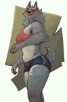 2024 5_fingers anthro arm_tuft athletic athletic_anthro athletic_female boy_shorts bra breasts canid claws clothing dont_touch_rats elbow_tuft eyewear female finger_claws fingers fur glasses grey_body grey_fur hi_res mammal neck_tuft open_mouth painted_claws pointy_ears portrait prick_ears red_claws red_eyewear red_glasses short_tail side_view solo sports_bra tail teeth three-quarter_portrait tongue tongue_out tuft underwear wearing_glasses