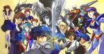  1980s_(style) 1girl 4girls blue_bodysuit bodysuit brown_eyes brown_hair character_request closed_mouth commentary dual_persona habara_nobuyoshi helmet highres holding holding_weapon leina_stol long_hair looking_at_viewer machine_robo machine_robo_chronos_no_dai_gyakushuu mecha multiple_boys multiple_girls official_art open_mouth retro_artstyle robot rom_stol school_uniform skirt smile solo sword weapon 