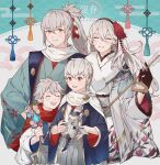  1girl 3boys :d ai_tkkm aqua_kimono black_gloves black_hair brothers child closed_eyes closed_mouth family father_and_son female_corrin_(fire_emblem) fire_emblem fire_emblem_fates gloves grey_hair highres husband_and_wife japanese_clothes kimono kiragi_(fire_emblem) leaf_print long_hair male_kana_(fire_emblem) mother_and_son multiple_boys open_mouth pointy_ears ponytail print_kimono short_hair siblings smile standing takumi_(fire_emblem) teeth tongue white_hair 