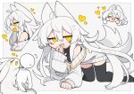  1girl 1other ahoge black_shirt black_thighhighs cardigan chibi chibi_inset colored_tongue commentary_request dorodra_(kisaragi_kaya) fang flipped_hair flying_sweatdrops hair_between_eyes hair_flaps half-closed_eyes hand_to_own_mouth hand_up heart hug kisaragi_kaya long_hair long_sleeves multiple_views no_shoes open_mouth original shirt sidelocks skin_fang sleeveless sleeveless_shirt sleeves_past_wrists smile smug thighhighs turtleneck turtleneck_shirt very_long_hair white_cardigan white_hair yellow_eyes yellow_tongue 